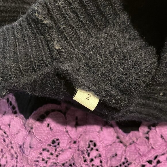 Sandro Paris Wool Lace Insert Sweater Womens 6 Navy Blue Knit Boho Oversized - Picture 10 of 11